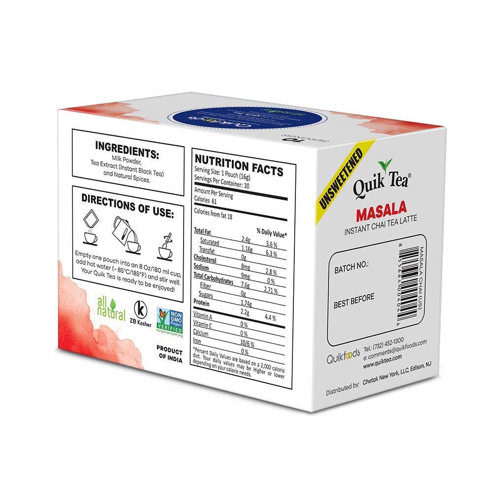 Quiktea Unsweetened Masala Chai Tea Latte - 10 Count Single Box - All Natural Preservative Free Authentic Chai