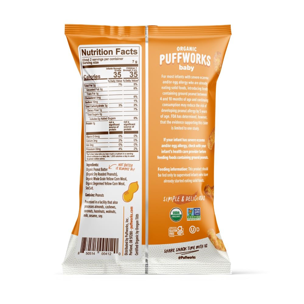 Puffworks Baby Organic Peanut Butter Puffs, Perfect For Early Peanut Introduction, Plant-Based Protein, Usda Organic, Gluten-Fre