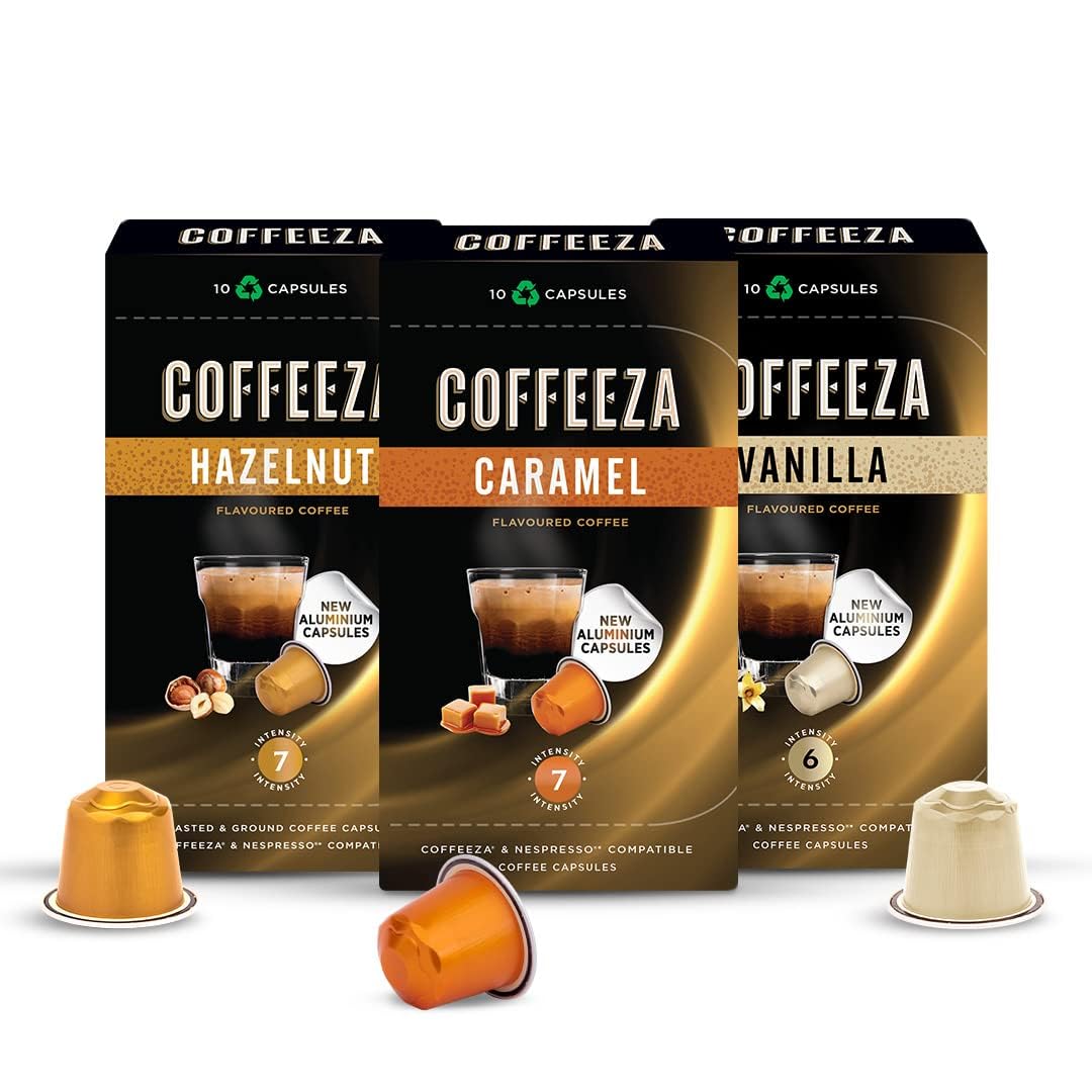 Coffeeza Flavoured Variety Pack Aluminium Coffee Capsules Caramel, Hazelnut And Vanilla (30 Pods)