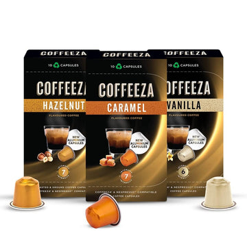 Coffeeza Flavoured Variety Pack Aluminium Coffee Capsules Caramel, Hazelnut And Vanilla (30 Pods)