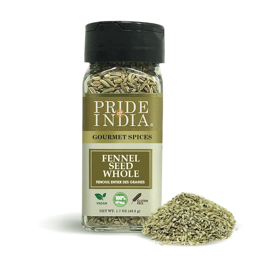 Pride of India – Fennel Seed Whole – Gourmet Spice – Fresh & Aromatic – Mouth Freshener – GMO/Gluten Free – Flavoring for bakes, meat & more – Easy to Use – 1.7 oz. Small Dual Sifter Bottle