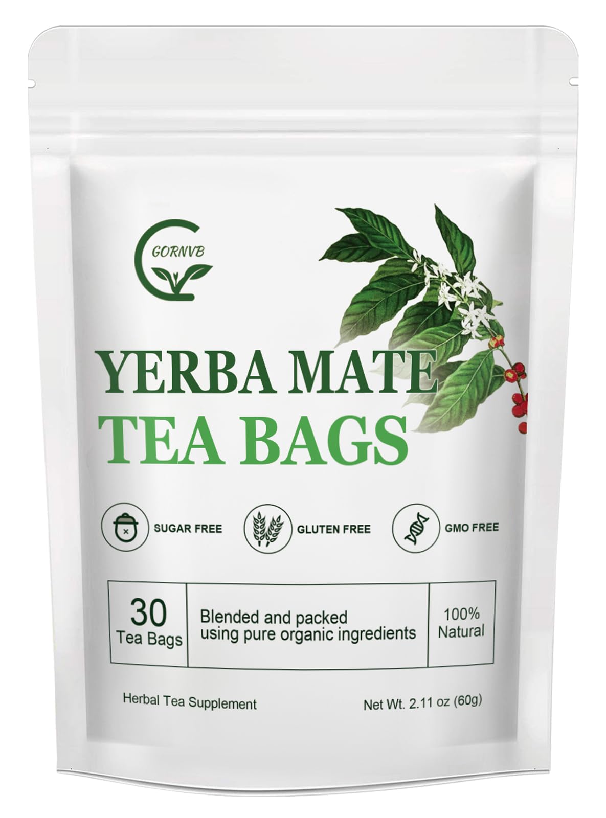 GORNVB Unsmoked Yerba Mate Tea Bags, Organic, 30 Count, Rich in Chlorophyll and Antioxidants