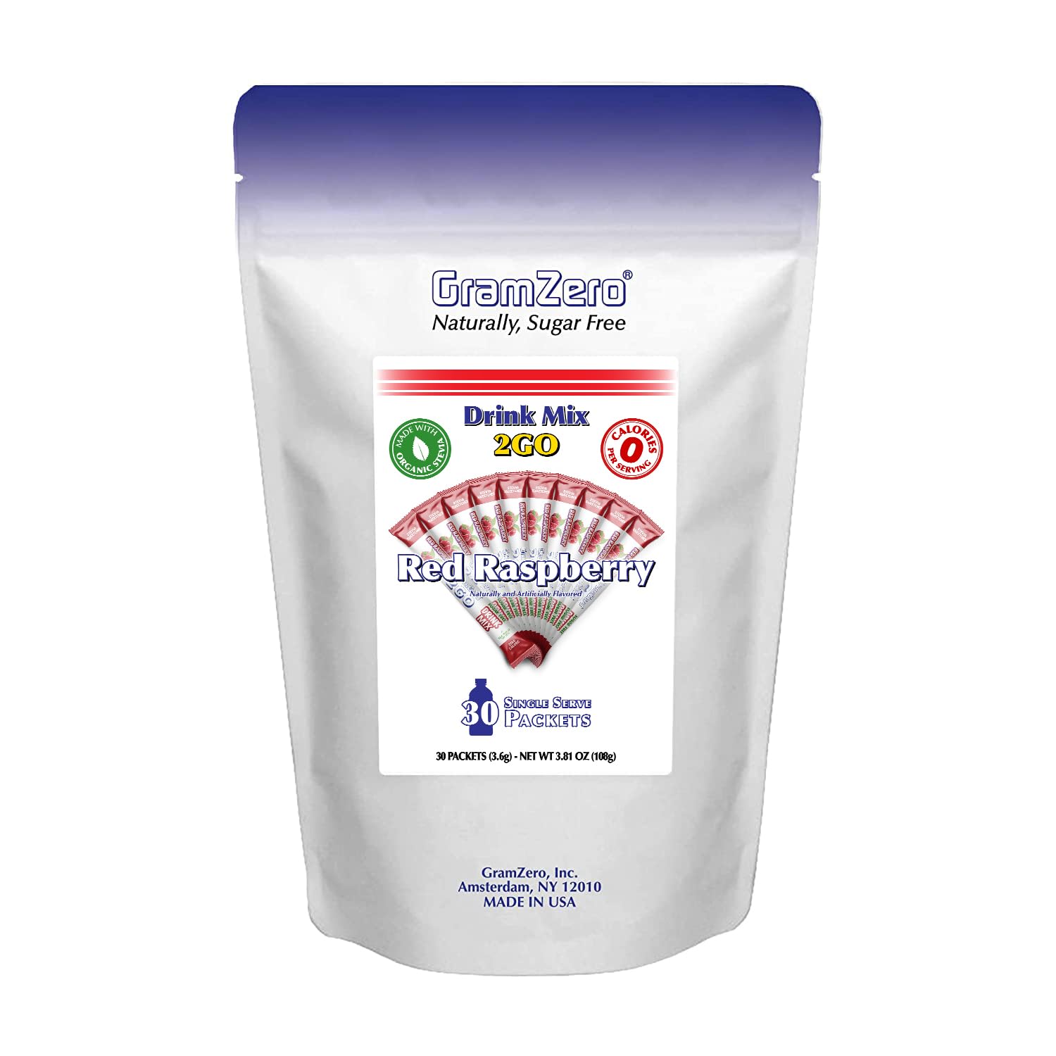 GramZero 2GO Sticks - Red Raspberry, Zero Calorie Sugar Free Drink Mix, Stevia Sweetened, Great For Nutrition Club Loaded Tea To
