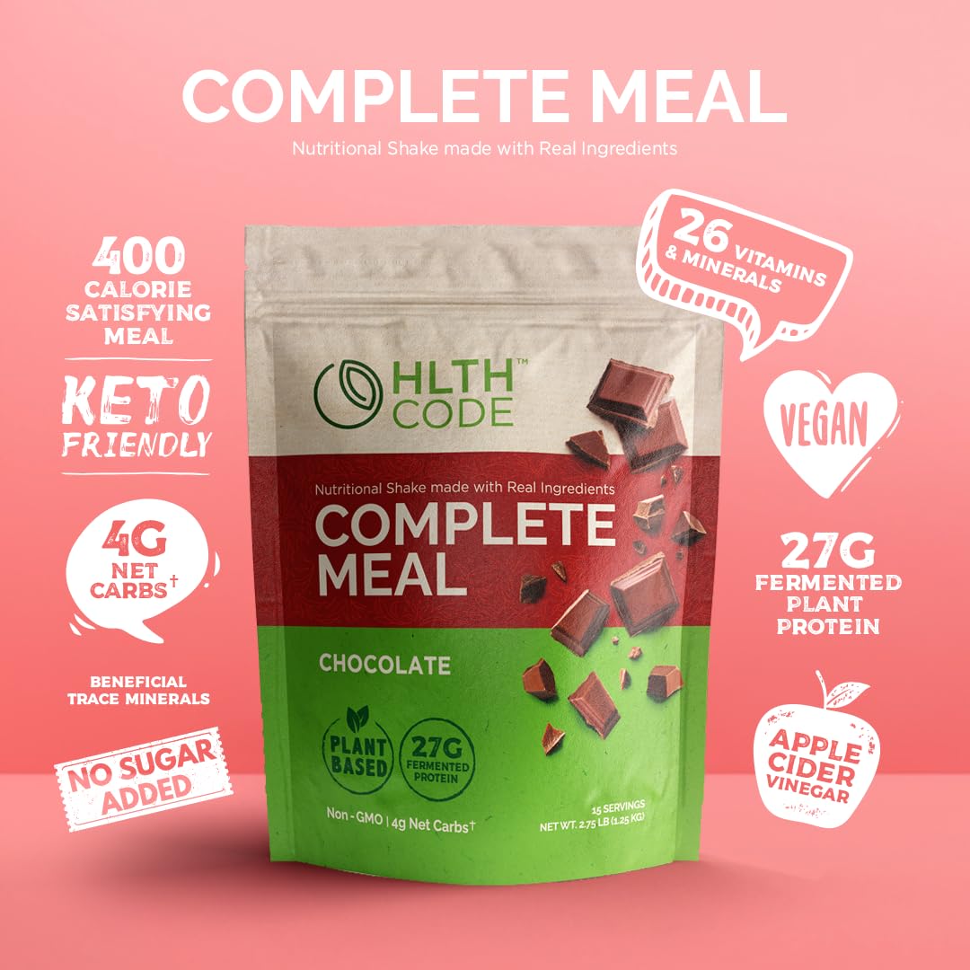 HLTH CODE Complete Meal Replacement Shake - Keto Friendly, High Protein, Low Carb, Plant Based Chocolate, 44 Ounce