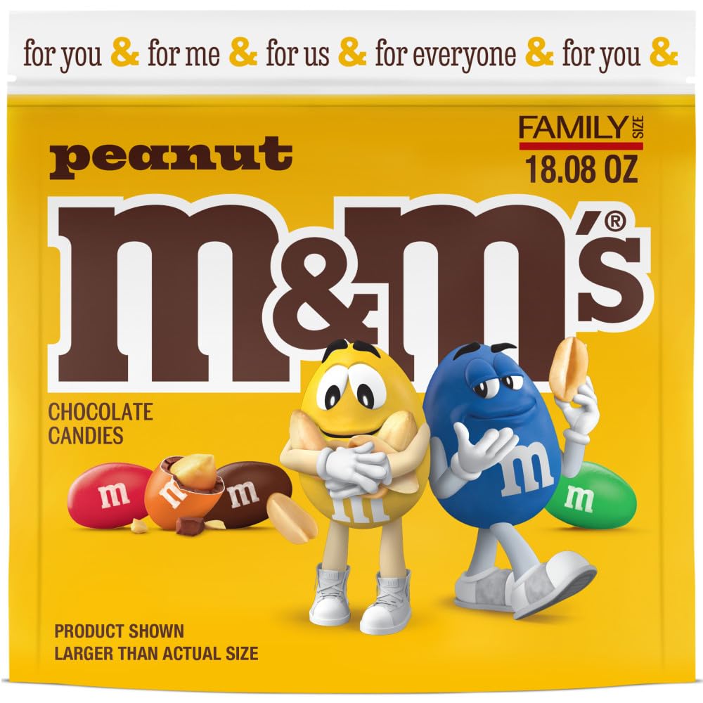 M&MS Peanut Milk Chocolate Candy, Family Size, 18.08 oz Resealable Bulk Bag