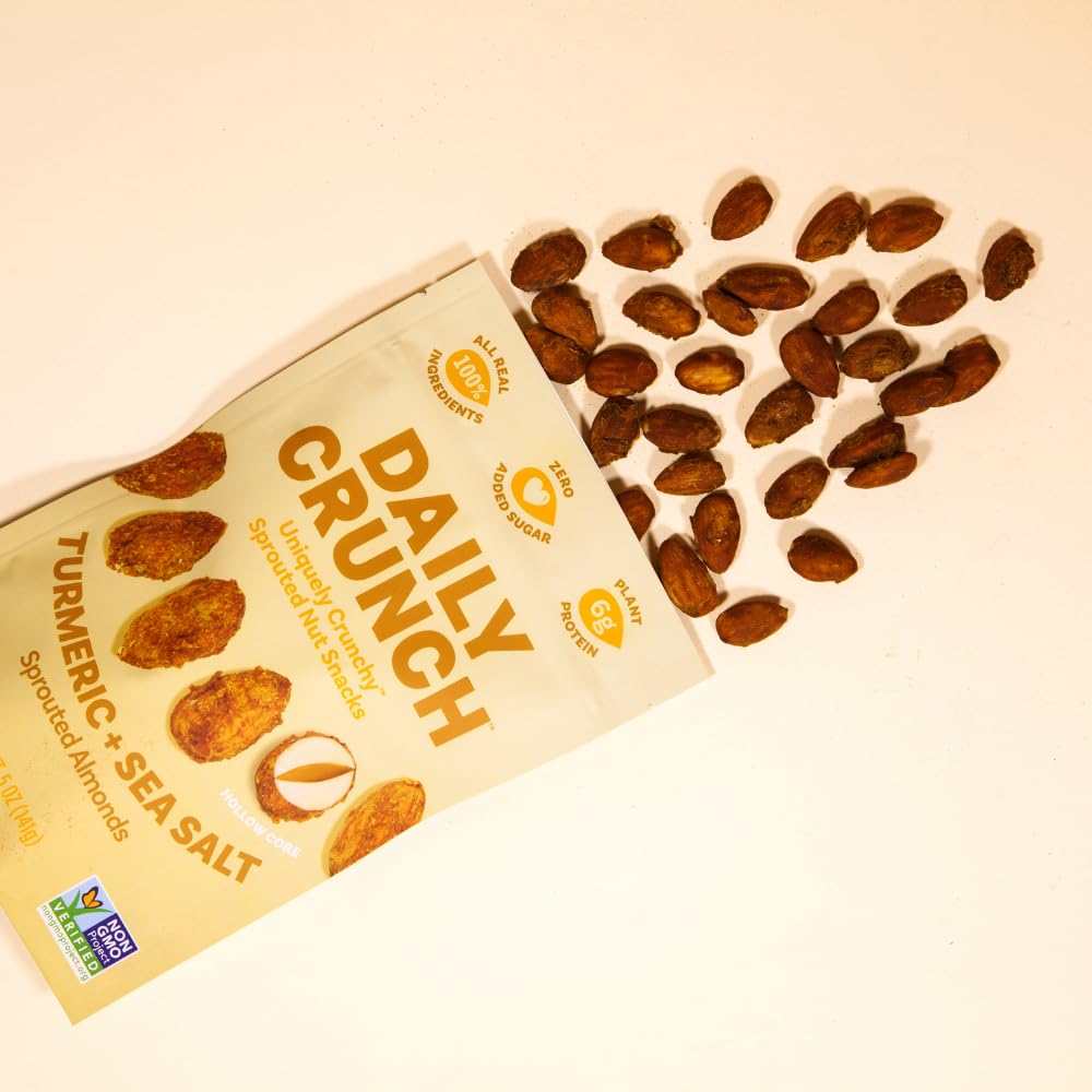 Daily Crunch Sprouted Almonds, 5 Ounce Resealable Bags (Golden Goodness, 2 Pack) - Savory Spices, Sea Salt And Turmeric, Sproute
