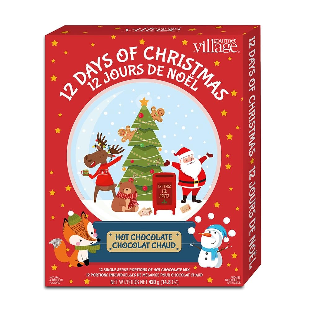 Gourmet du Village Advent Calendar Gift Box, 12 Christmas Season Single-Serve Hot Chocolate Mixes in Assorted Flavors