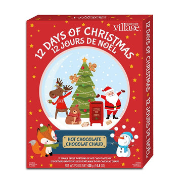 Gourmet du Village Advent Calendar Gift Box, 12 Christmas Season Single-Serve Hot Chocolate Mixes in Assorted Flavors