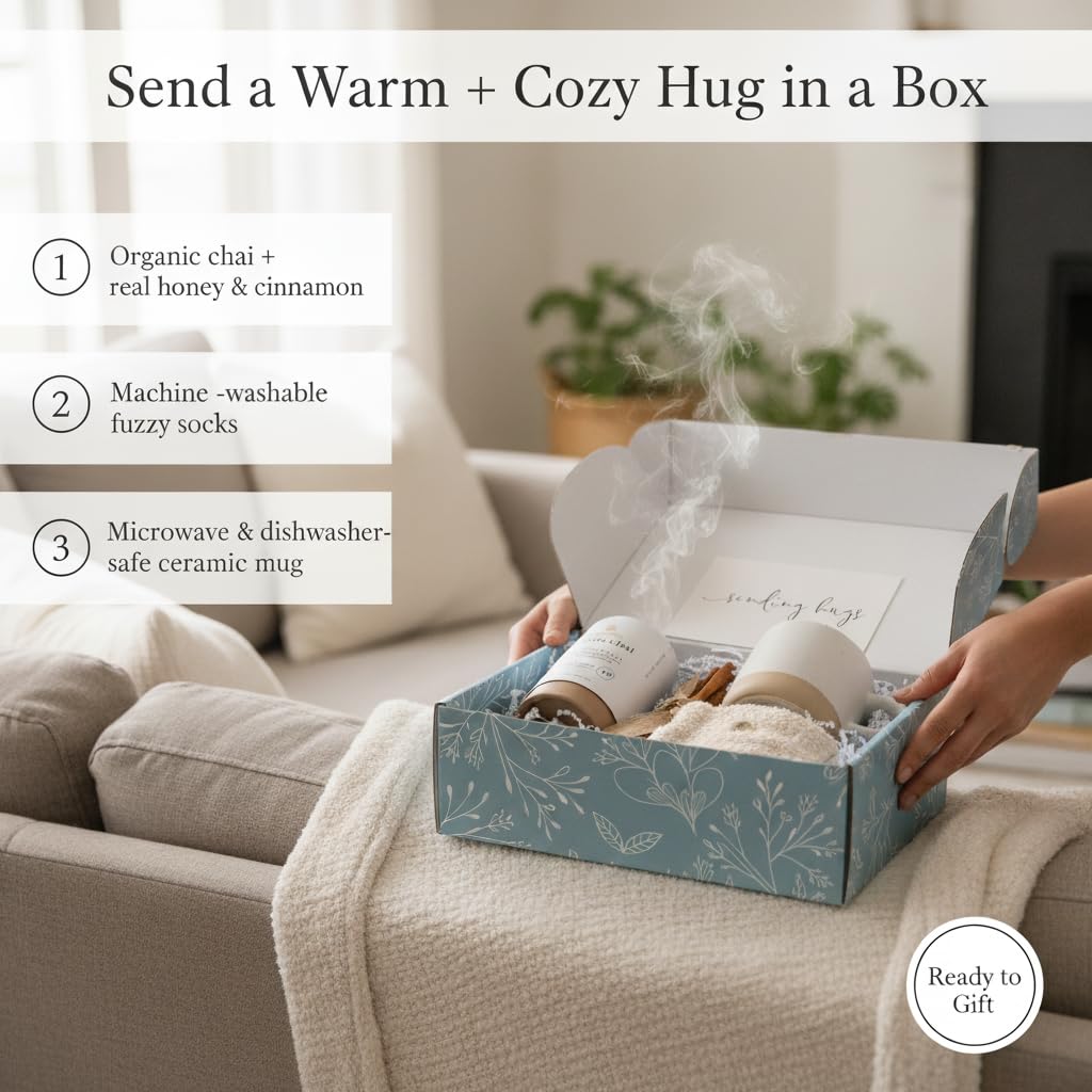 Unboxme Sending Hugs Comforting Gift Basket for Women - Soothing Self Care Box with Fluffy Socks, Ceramic Mug, Chai Tea, Honey &