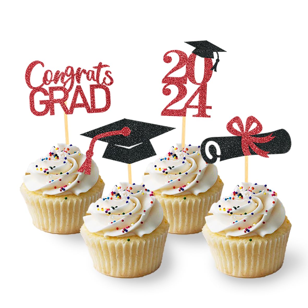 Moitkptt Graduation Cupcake Toppers, 24Pcs Red Cardboard Picks for Class of 2025 Decorations, Model FHDUT0002