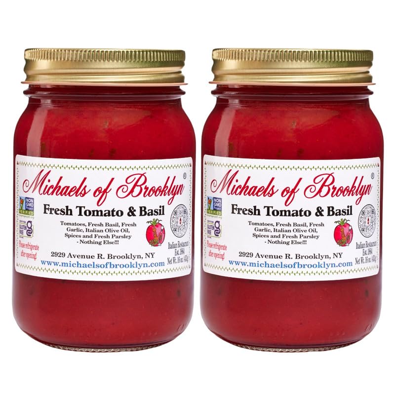 Michaels Of Brooklyn Pasta Sauce, Tomatoes & Fresh Basil, Non-GMO, Gluten Free, 16 oz (Pack of 2)
