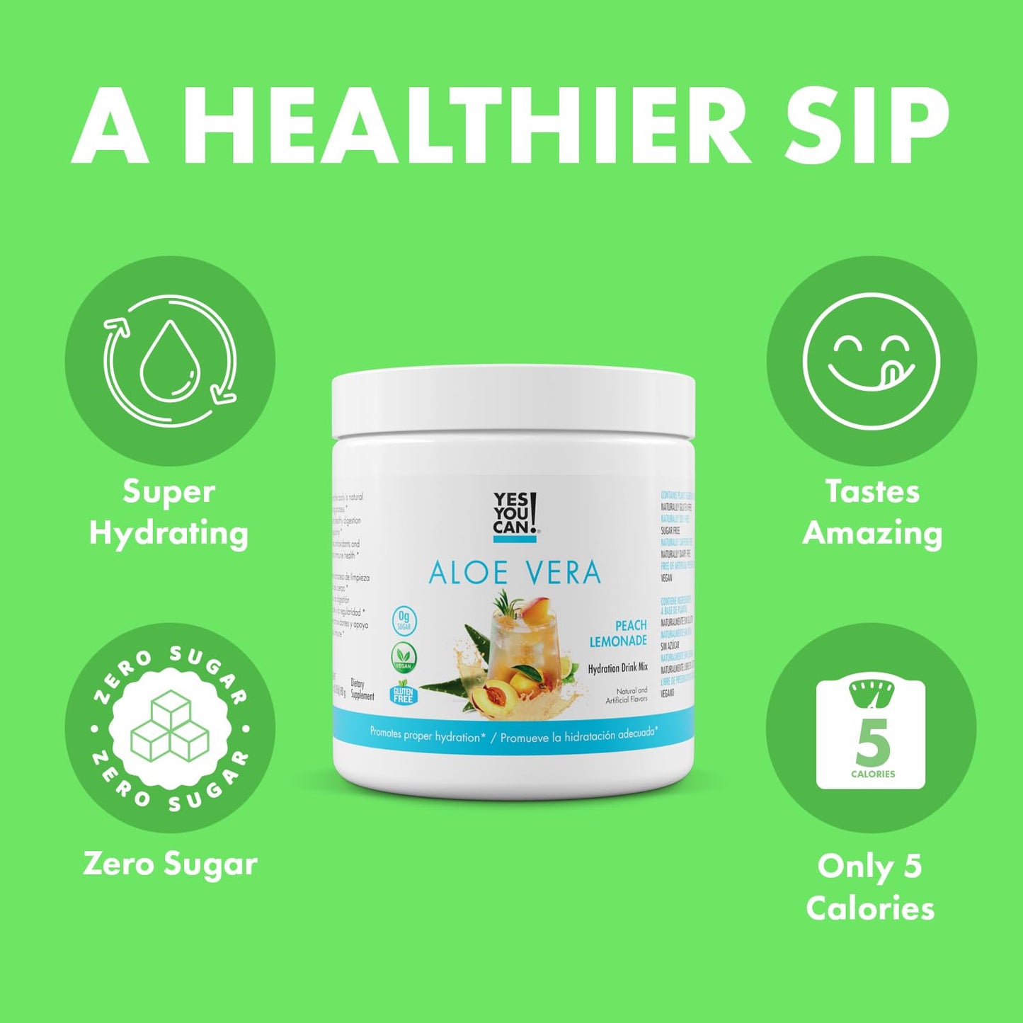 Yes You Can! Organic Aloe Vera Powder Drink Mix - Peach Lemonade - 40 Servings - Hydration Booster - Made in USA