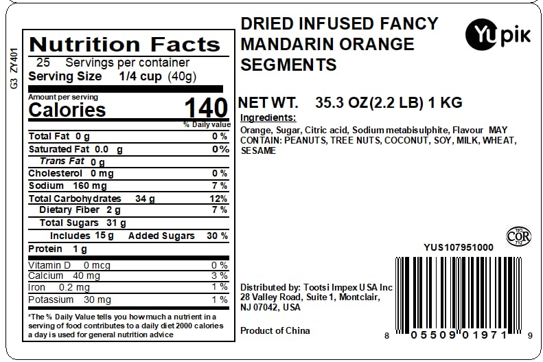 Yupik Dried Infused Fancy Mandarin Orange Segments  2.2 lb (35.2 oz)  Dried Fruit  Snack On the Go  Tangy & Chewy Snacks  Tangerine Wedges  Fruity Topping & Inclusion