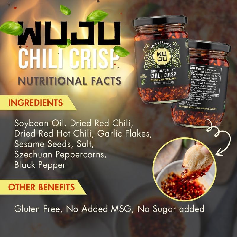 Wuju Classic Chili Crisp - Crunchy Spicy Peppers, Chilies, Garlic Crisps, Sesame Seeds In Szechuan Chili Oil, Ingredient For Recipes, Topping, Hot Sauce, Clean Natural Ingredients - 7.41 Once - 1 Pack