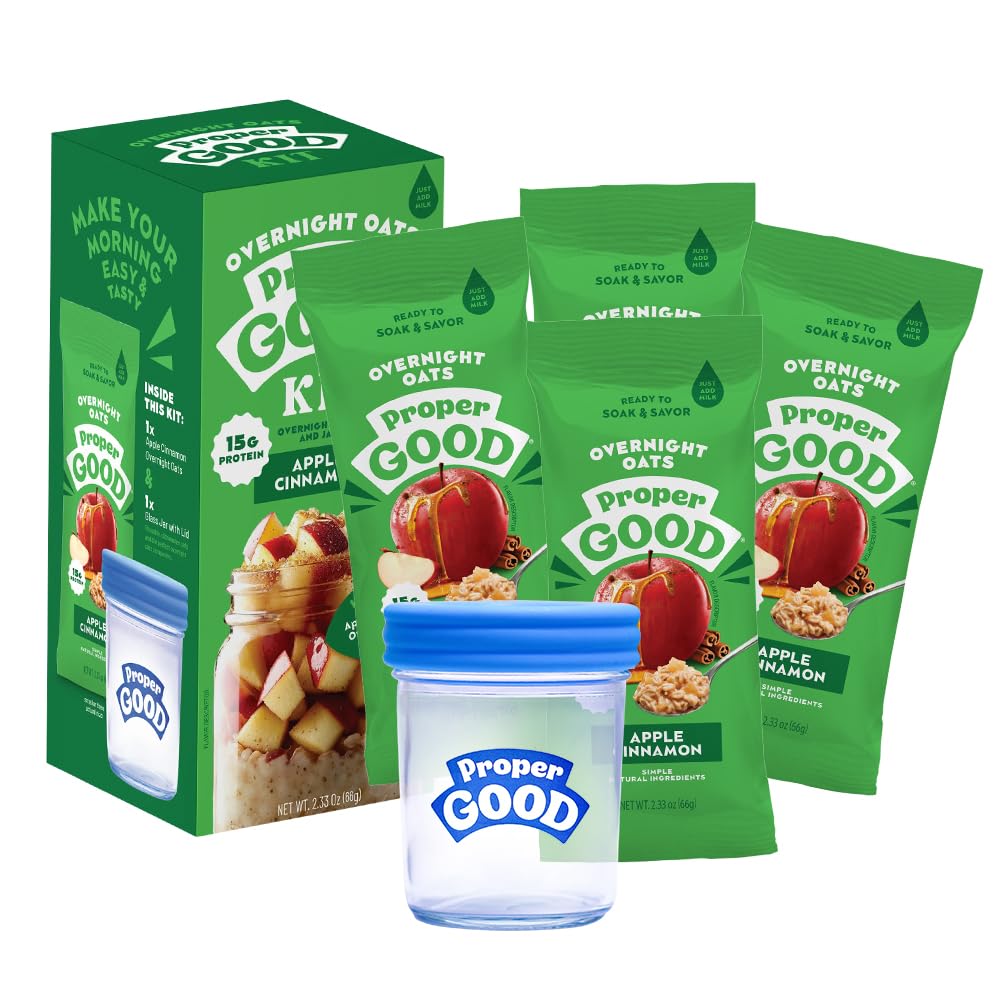 Proper Good Apple Cinnamon Overnight Oats kit - Delicious Healthy Breakfast with 15g Protein per Serving - Easy Meals, Natural I