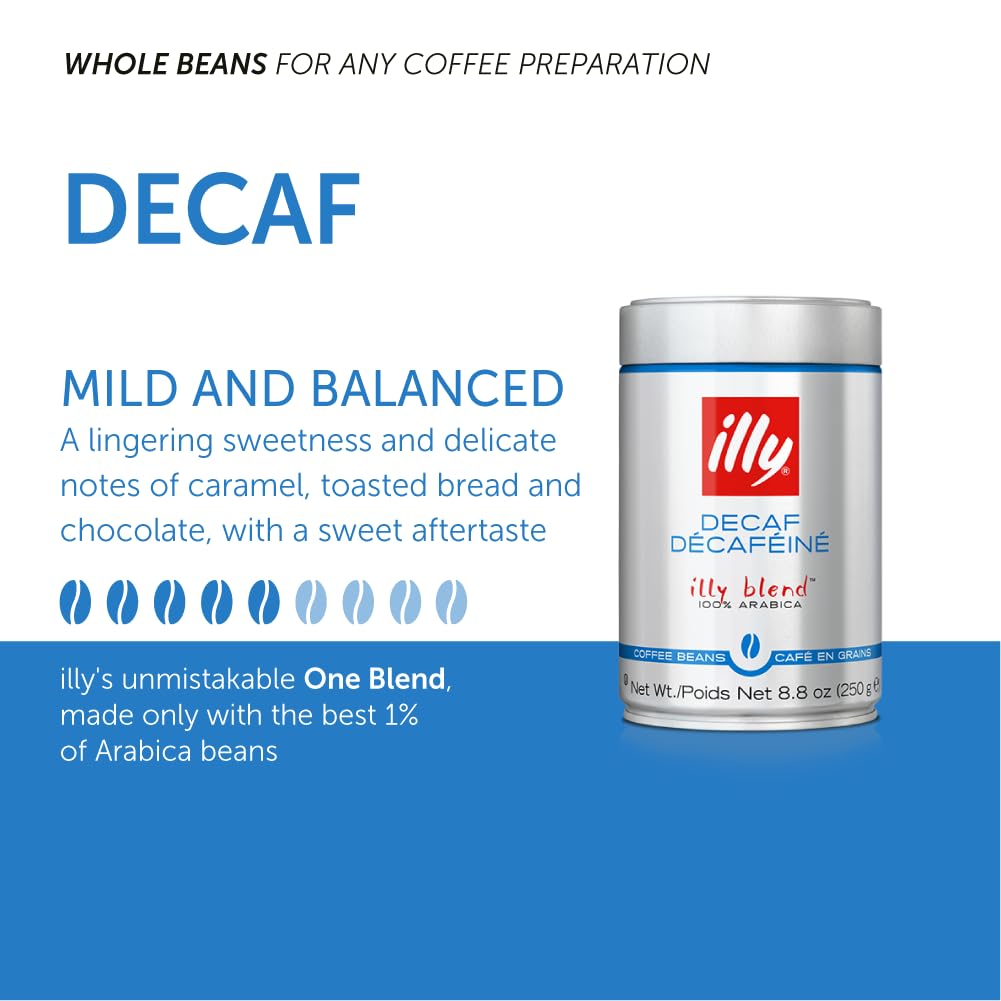illy Whole Bean Coffee - Perfectly Roasted - Classico Decaf Roast - with Notes of Caramel, Toasted Bread & Chocolate - 100% Arab