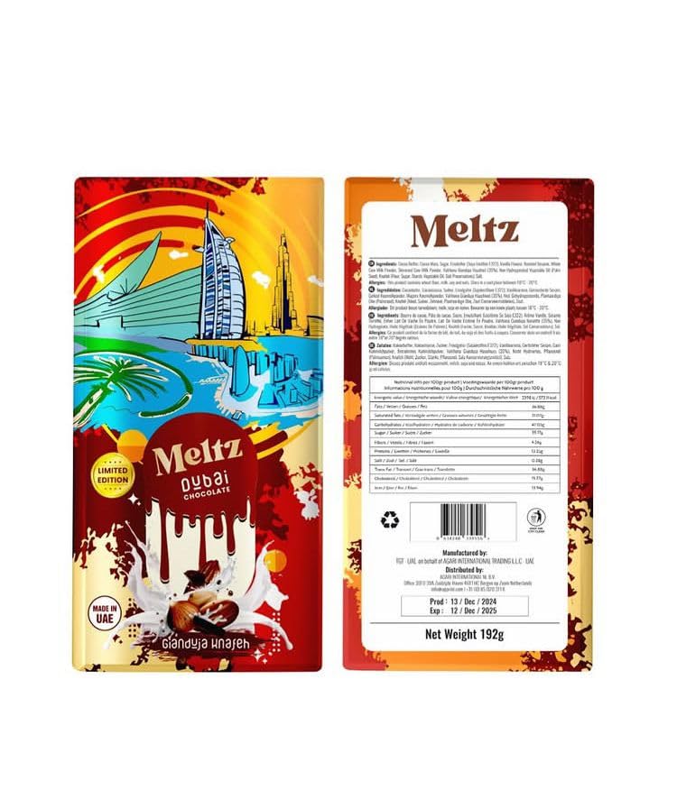 Meltz Chocolate Bar Gianduja 192g - Luxury Milk Chocolate with Hazelnut Cream - Individually Wrapped Treat Box