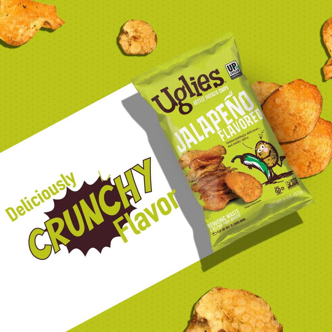 Uglies Jalapeno Kettle-Cooked Potato Chips, Gluten-Free, Non-GMO, 6 Oz. Bags, Pack of 12