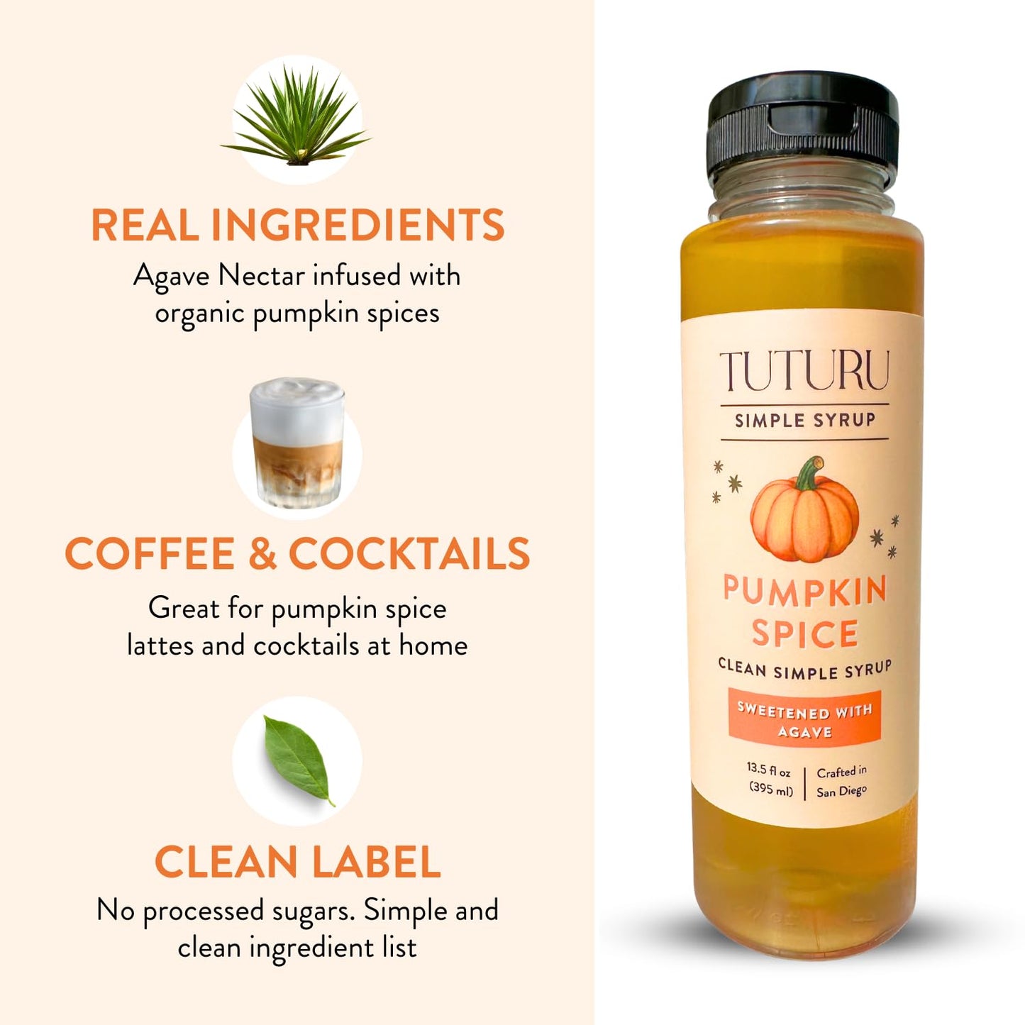 Pumpkin Spice Agave Simple Syrup for Coffee  Cocktails  Matcha - Sweetened with Agave Nectar - Infused with Real Pumpkin Spices - 13.5 oz