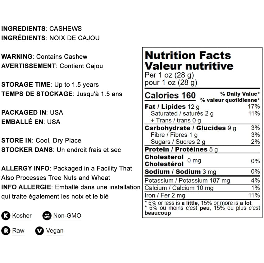 Food To Live - Cashew Nuts, 8 Ounces Non-Gmo Verified, Large Size W240, Whole Nuts, Unsalted, Kosher, Raw, Vegan, Bulk