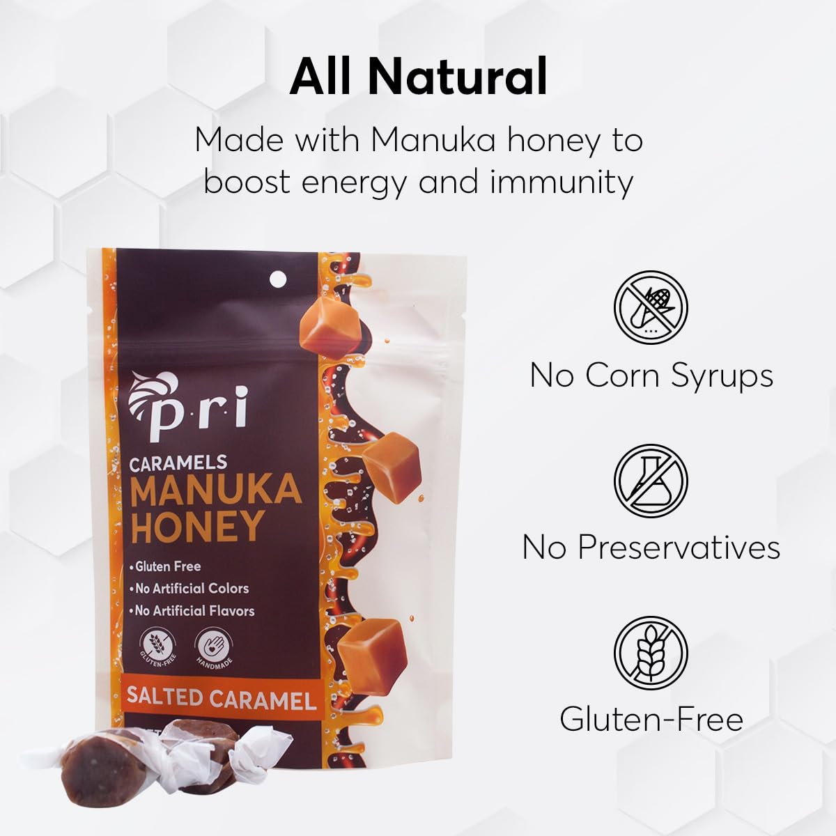 P.R.I Manuka Honey Salted Caramels, Sweet and Chewy All Natural Treat, 4oz