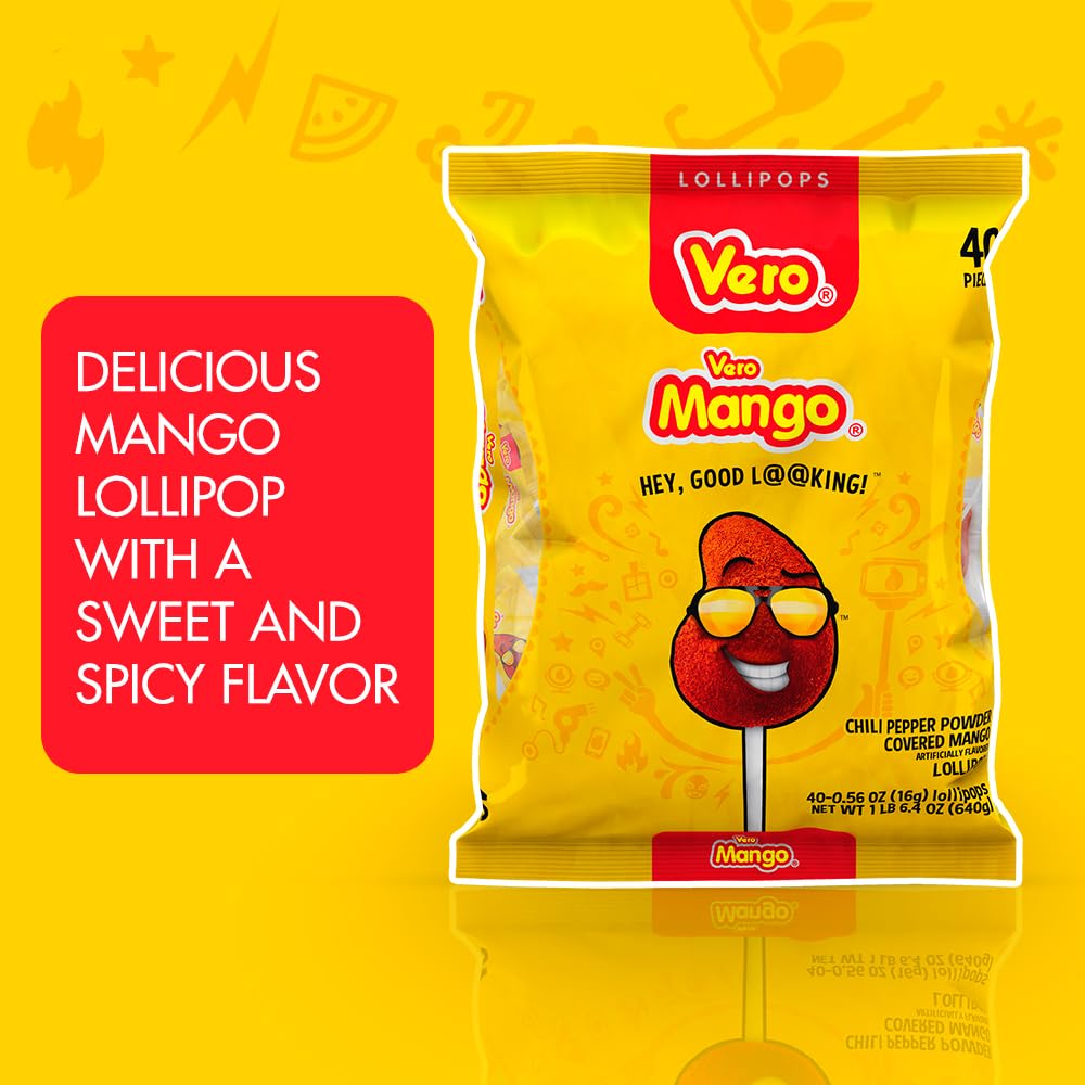 Vero Mango Lollipops Coated With Chili Powder, Hot And Sweet Candy Treat, Artificially Flavored, Net Wt. 1.39 Pound, 40 Count Ba