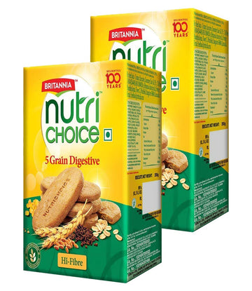 BRITANNIA Nutri Choice 5 Grain Digestive Biscuits 8.81oz (250g) - Healthy Breakfast & Tea Time Snacks (Pack of 2)
