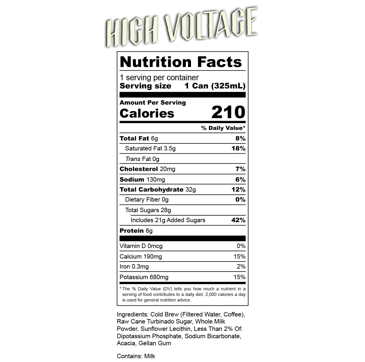 Bones Coffee Company High Voltage Smooth And Sweet Flavored Cold Brew Latte,Medium Roast Iced Coffee In Can,Ready To Drink, 1 Fl