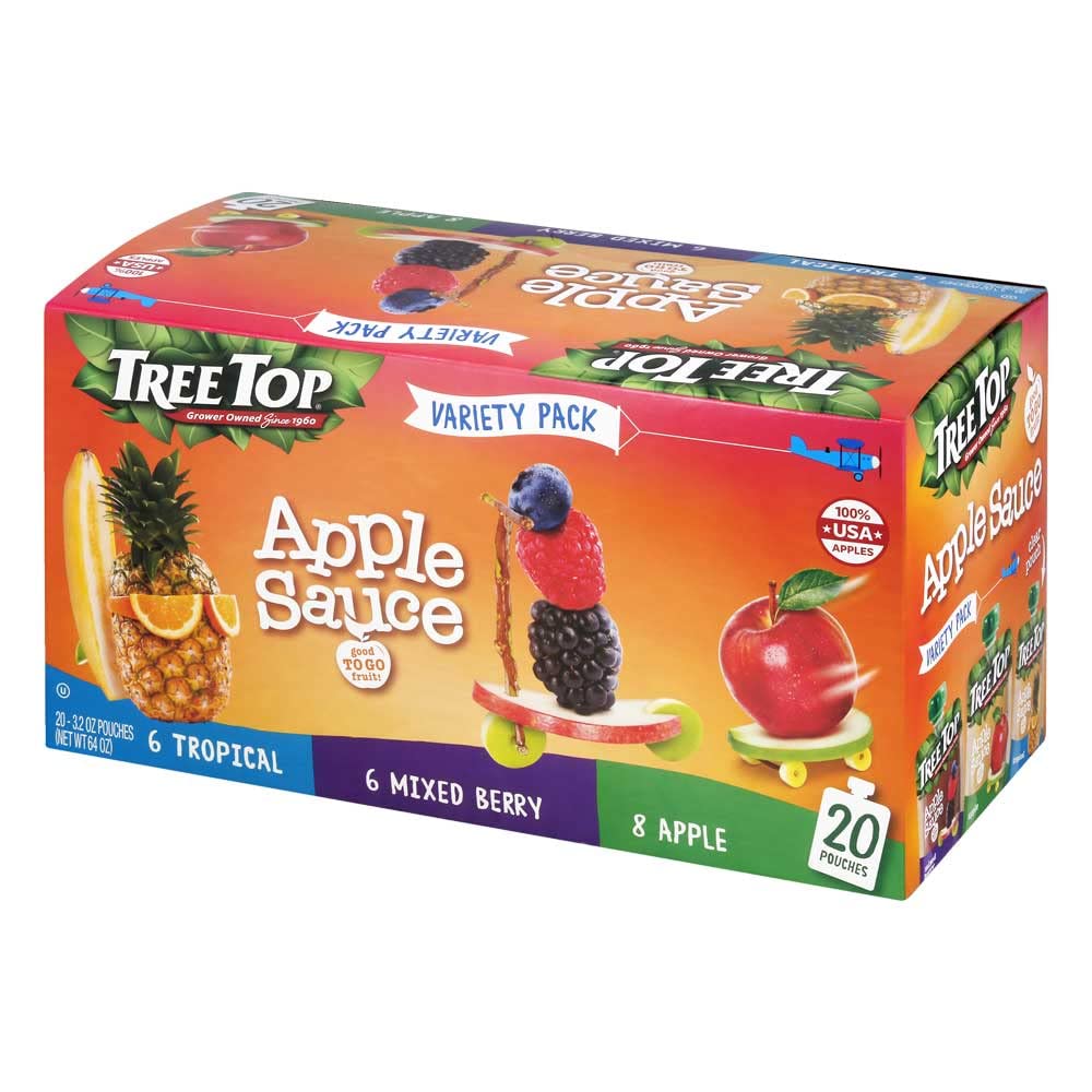 Tree Top Apple Sauce Pouches Variety Pack, Apple, Mixed Berry, Tropical, 3.2 Oz. Each (Pack Of 20)