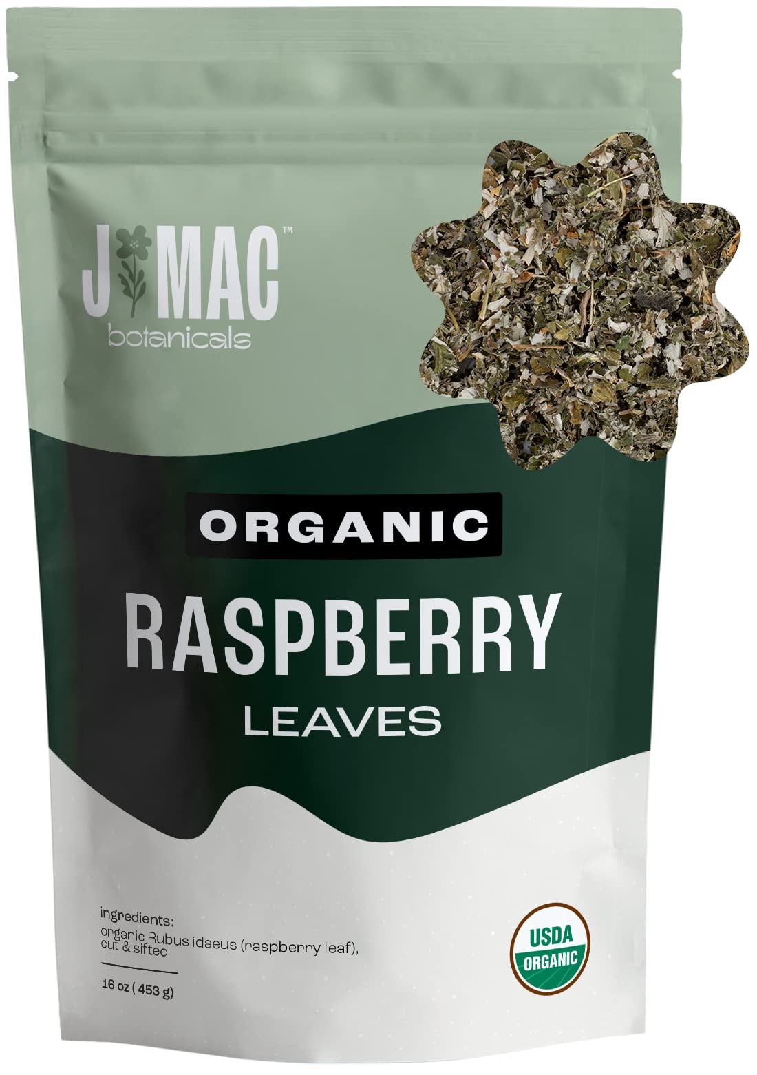 J Mac Botanicals  Organic Red Raspberry Leaf  Herbal Tea (16 Ounce Bag 200+ Cups) Cut & Sifted Dried Leaf