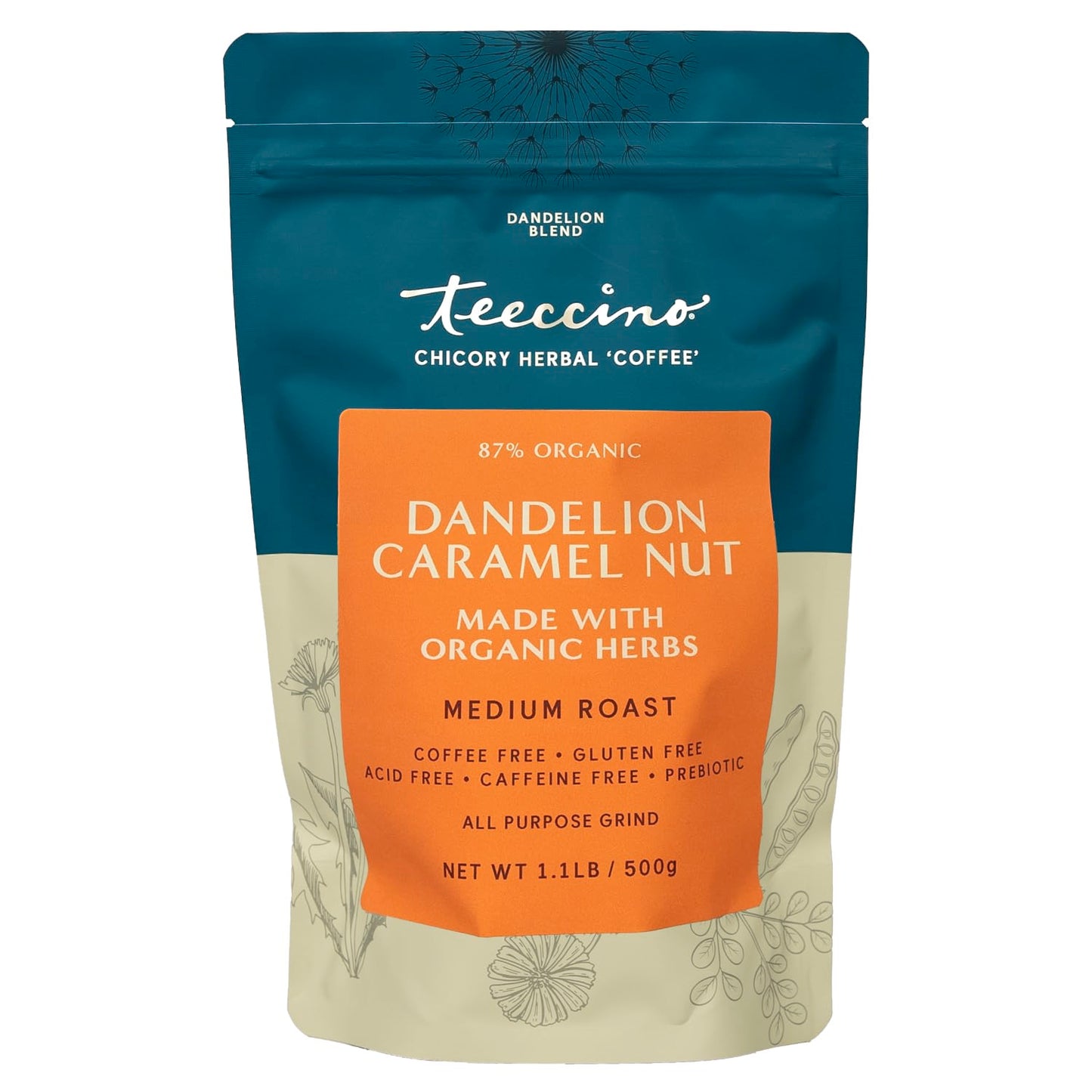 Teeccino Dandelion Caramel Nut Herbal Coffee - Caffeine-Free, Gluten Free, Medium Roast, 1.1 Pound, Coffee Color