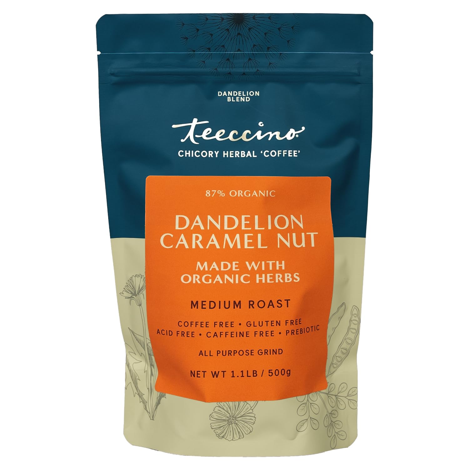 Teeccino Dandelion Caramel Nut Herbal Coffee - Caffeine-Free, Gluten Free, Medium Roast, 1.1 Pound, Coffee Color