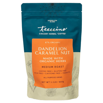 Teeccino Dandelion Caramel Nut Herbal Coffee - Caffeine-Free, Gluten Free, Medium Roast, 1.1 Pound, Coffee Color
