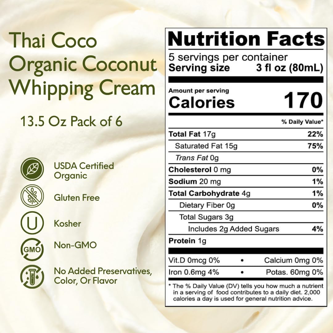 Thai Coco - Organic Coconut Whipping Cream Dairy & Lactose Free - 13.5 Oz. 6 Pk