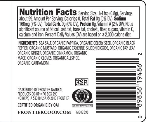 Frontier Co-Op Organic Blackened Seafood Seasoning, 2.8 Ounce Bottle, Savory Blend For Fish, Seafood, Sauces, Chowders