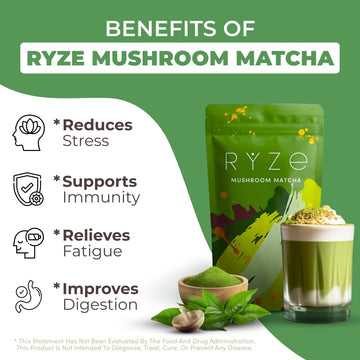Ryze Mushroom Matcha, Usda Organic With 6 Adaptogenic Mushrooms And Ceremonial-Grade Japanese Matcha For Energy, Focus, Digestio