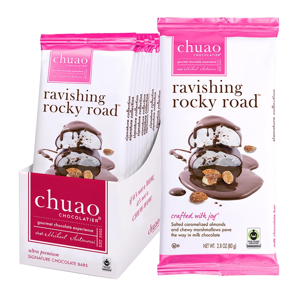 Chuao Chocolatier Ravishing Rocky Road Milk Chocolate Bars | Gourmet Almond Vegan Marshmallows Artisan No Preservatives | 10 Pack (2.8 Oz Each)