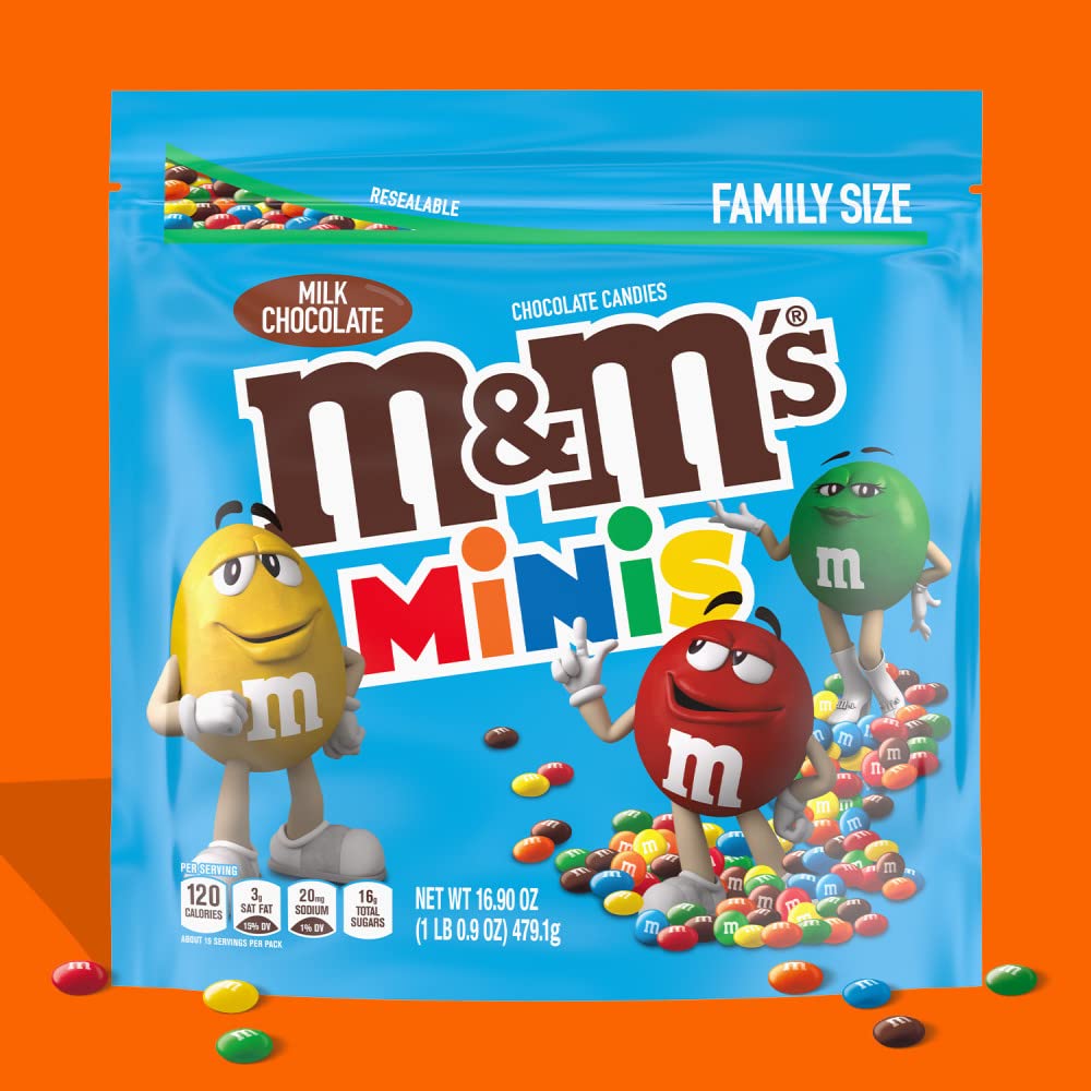 M&M'S Minis Milk Chocolate Candy Assortment, Family Size, 16.9 Oz Resealable Bulk Chocolate Candy Bag