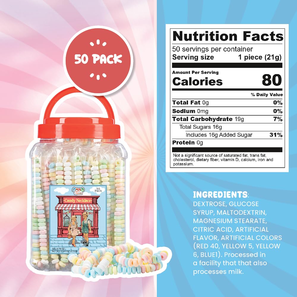 50 Candy Necklaces Individually Wrapped, Choker Style, Nostalgic Pastel Candy Jewelry Perfect for Party Favors, Pinata Fillers a