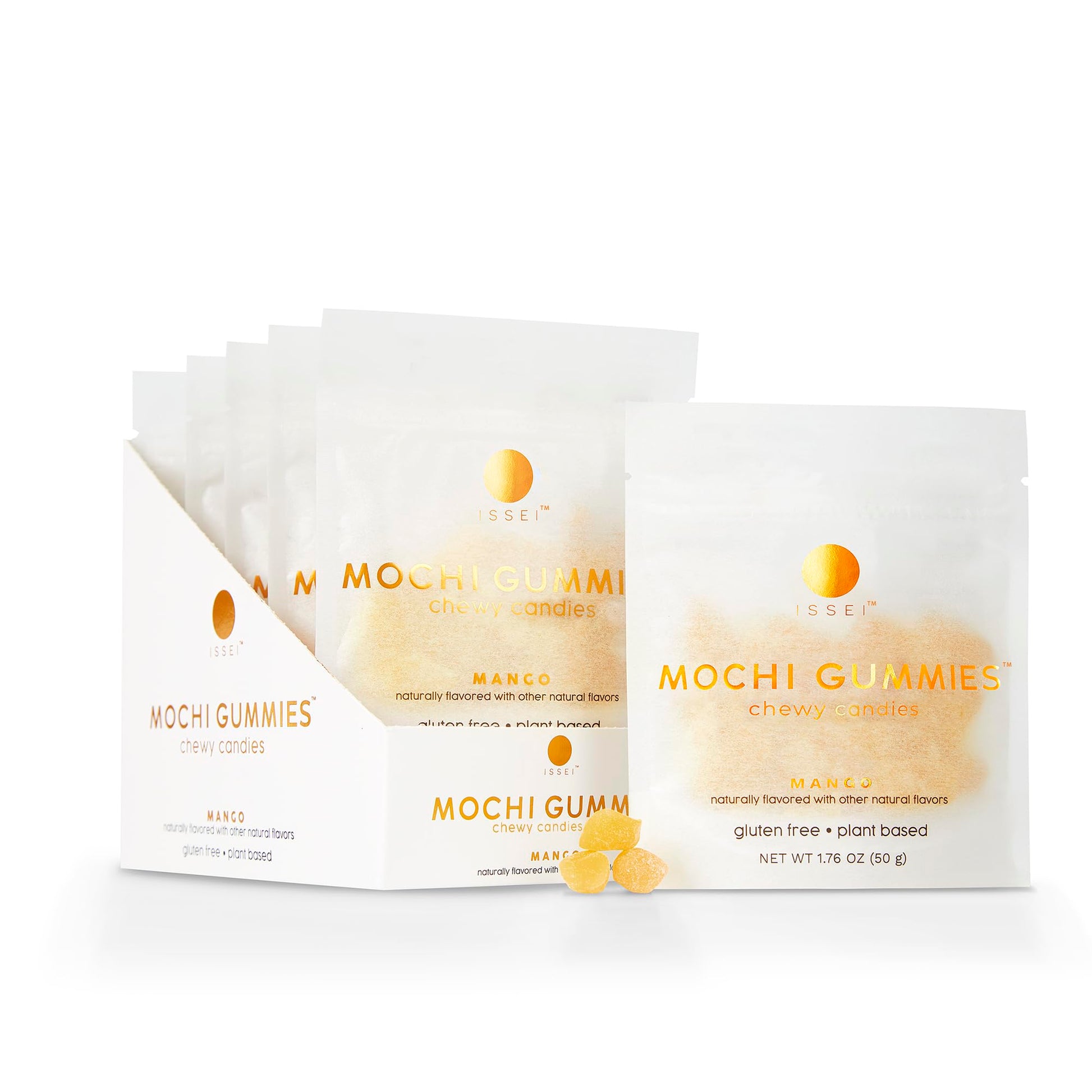 ISSEI Mochi Gummies Chewy Candy, Gelatin-Free, Non-GMO, Kosher, 1.76 Oz (6 Pck), Mango, White