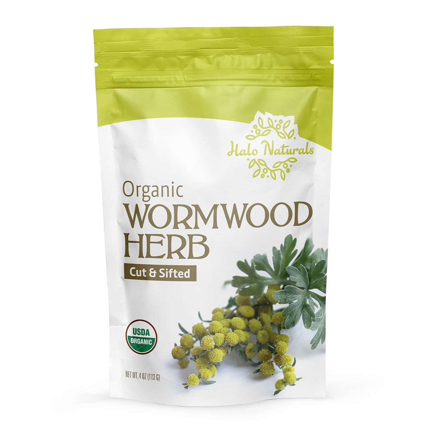 Halo Naturals Organic Wormwood Herb Cut & Sifted, 4 Ounces (Artemisia Absinthium) Usda Certified Wormwood Tea | Non-Gmo | Vegan|