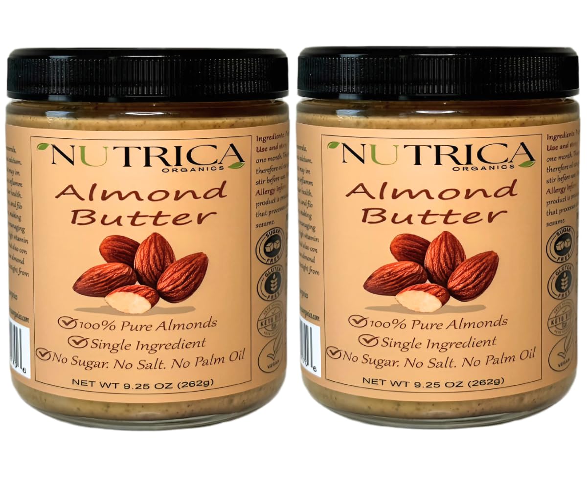 Nutrica Organics Almond Butter, Single Ingredient, No Additives, Vegan, 18.5 Ounce (Pack of 2)