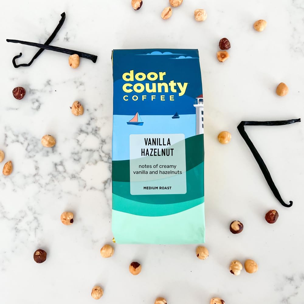Door County Coffee Vanilla Hazelnut Flavored Coffee Ground | 10 Oz Bag | Flavored Ground Coffee Medium Roast | 100% Specialty Arabica Coffee Ground | Flavored Gourmet Coffee | Vanilla Hazelnut Coffee