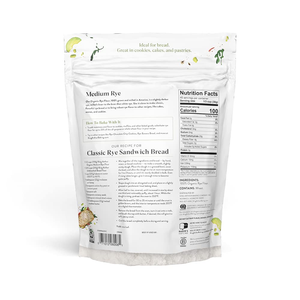 King Arthur Flour Organic Medium Rye Flour for complex Flavorful Breads & Baked goods, 100% Organic Non-gMO Project Verified, 3