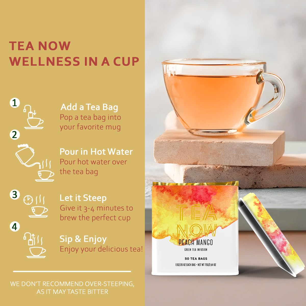 TEA NOW Mango Peach Green Tea Infusion - Caffeinated Organic Herbal Tea Bags, Pack of 50, Ceylon Teas for Hot Brew