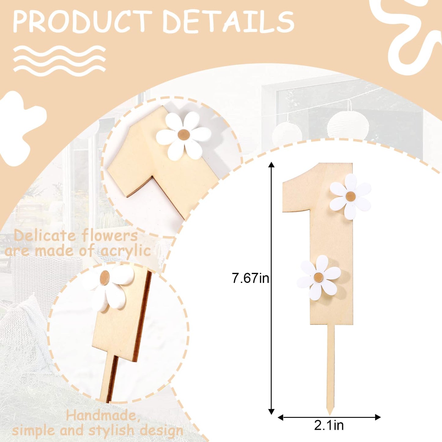 MAMUXI Wooden Daisy Cake Topper - Boho Retro Decor for 1st Birthday, Brown, Model Daisy