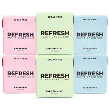 Refresh Gum, Xylitol, Natural, Sugar Free, Plastic Free, Natural Flavors & Organic Ingredients, Plant-Based, Non Gmo, Peppermint, Garden Mint & Raspberry Variety Pack, 12 Pcs, 6 Pack