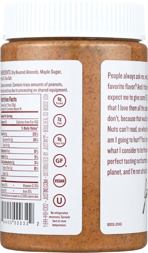 Justins Maple Almond Butter, No Stir, Gluten-free, Non-GMO, 16 Ounce Jar (6 Pack)