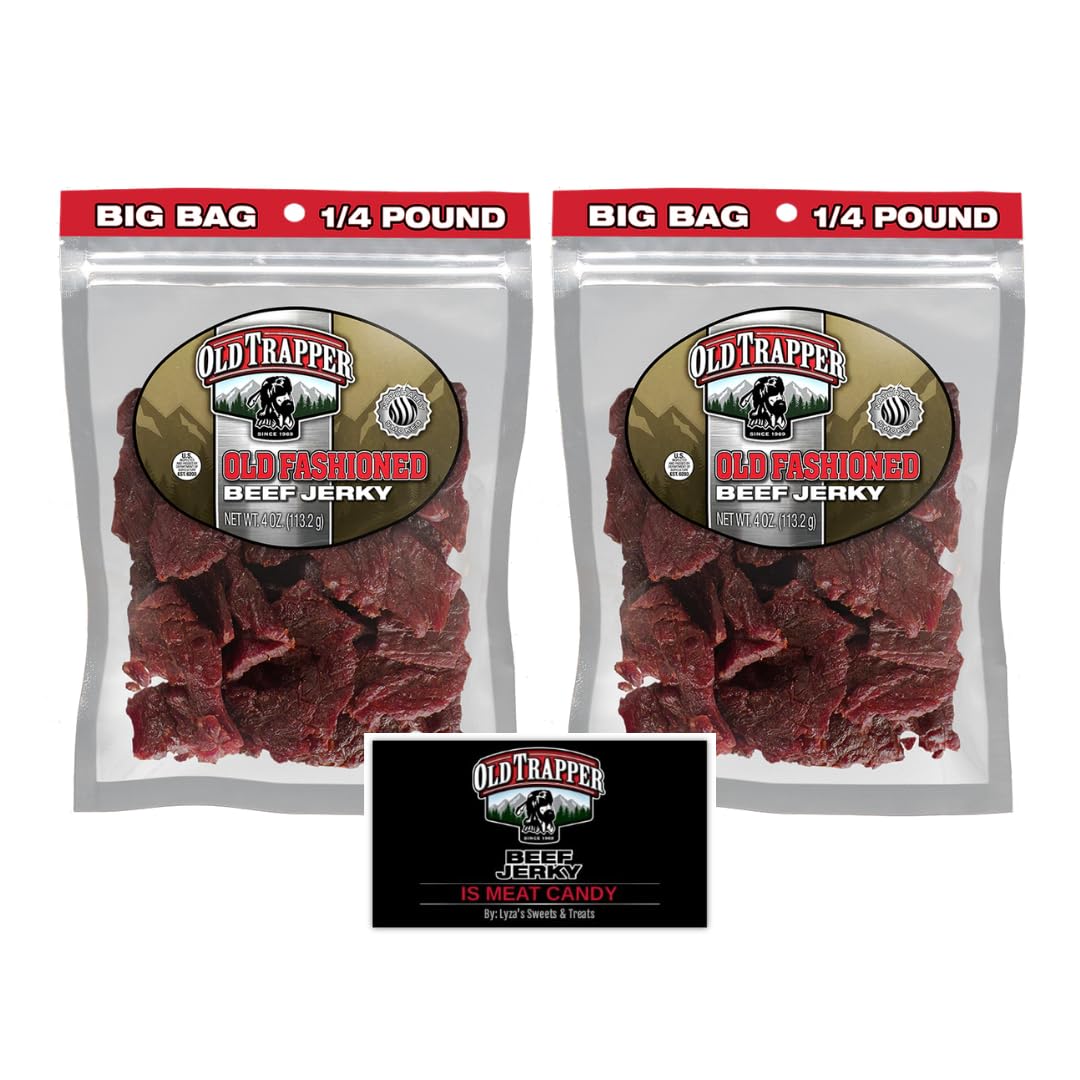 LYZAS SWEETS & TREATS Old Trapper Beef Jerky Gift Set, 100% Top Round Steaks, 2 Pack of 4 oz. Resealable Bags with Bonus Magnet