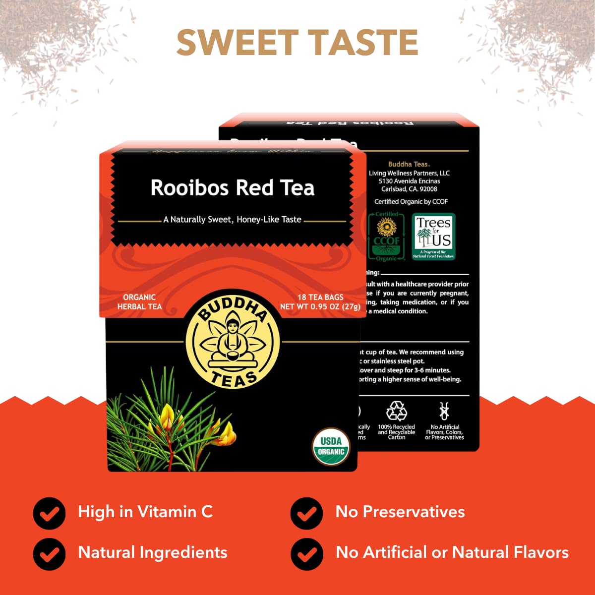 Buddha Teas Rooibos Red Tea - Organic Herbal Tea - Caffeine Free - 18 Tea Bags